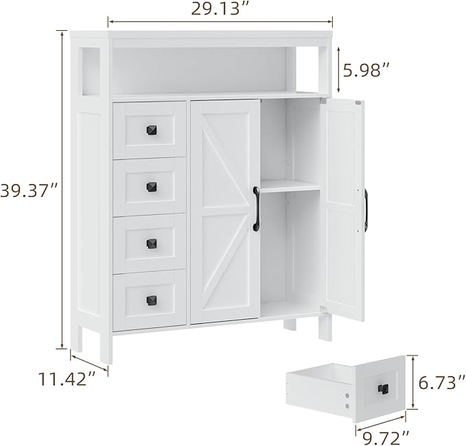 Vabches Farmhouse Storage Cabinet with 2 Doors and 4 Drawers, Freestanding Bathroom Compartment Kitchen Pantry Cabinet, Floor Cupboard for Kitchen/Living Room/Bathroom,White