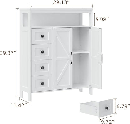Vabches Farmhouse Storage Cabinet with 2 Doors and 4 Drawers, Freestanding Bathroom Compartment Kitchen Pantry Cabinet, Floor Cupboard for Kitchen/Living Room/Bathroom,White