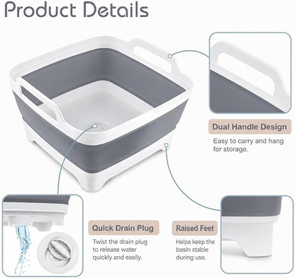 2.4 Gal(9L) Collapsible Dish Basin with Drain Plug, Space Saving Outdoor Multiuse Foldable Sink Tub, Dishpan, Kitchen Storage Tray for Camping, Vegetable Washing, RV (Gray)
