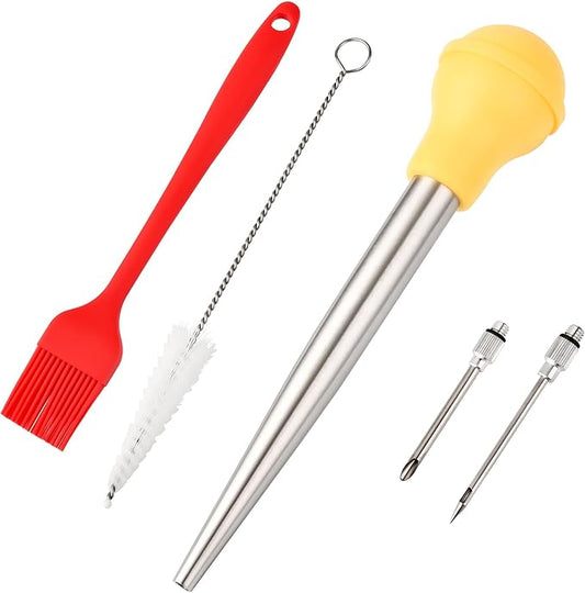 Turkey Baster, 18/8 Stainless Steel Turkey Baster Syringe for Cooking, Meat Injector Baster Set with 2 Needles & 2 Cleaning Basting Brush, Baster for Flavor Meat Poultry, Beef&Chicken Yellow