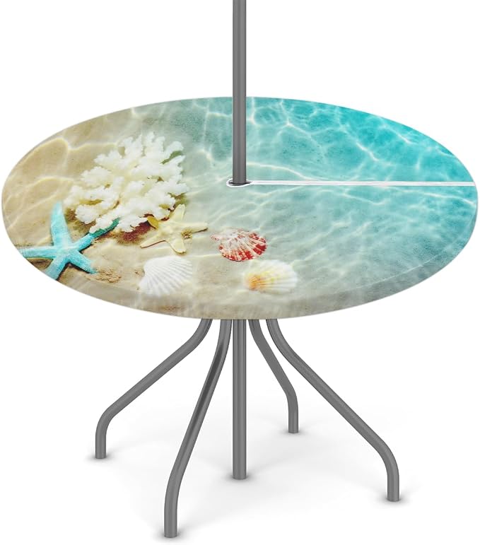 Fitted Round Tablecloth with Umbrella Hole and Zipper Starfish Coral Seashell Outdoor Elastic Table Cloth 36"-44" Oil-Proof Waterproof Summer Beach Patio Table Cover for Picnic Party