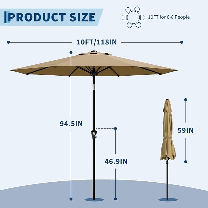 GarveeLife 10FT Umbrella Outdoor Patio, Pool Umbrella with Push Button Tilt and Crank, 8 Sturdy Ribs Waterproof UV Protection for Garden, Table, Backyard, Market | Table Umbrella Waterproof UV Protection for Garden, Pool, Deck, Backyard, Market ((Khaki)
