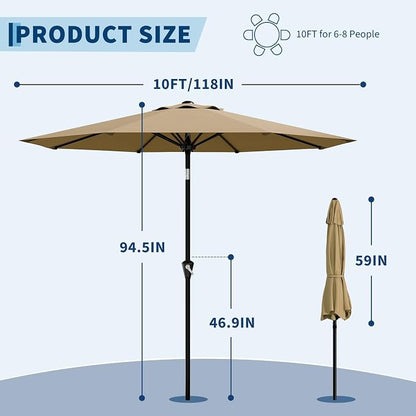 GarveeLife 10FT Umbrella Outdoor Patio, Pool Umbrella with Push Button Tilt and Crank, 8 Sturdy Ribs Waterproof UV Protection for Garden, Table, Backyard, Market | Table Umbrella Waterproof UV Protection for Garden, Pool, Deck, Backyard, Market ((Khaki)