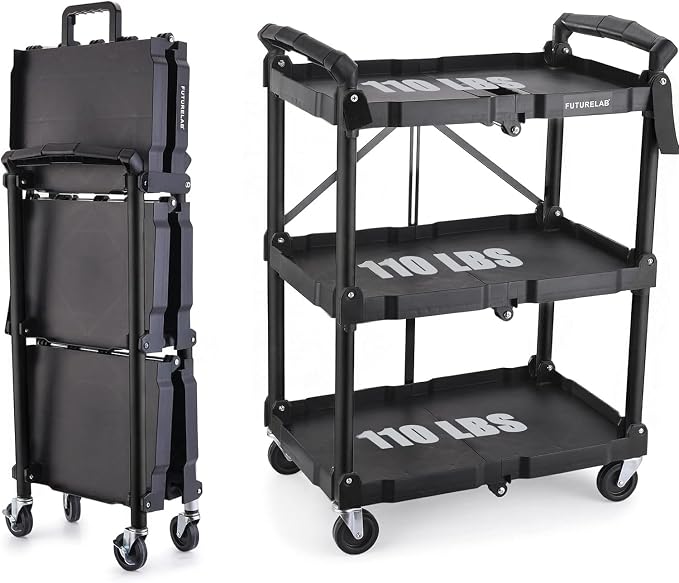Portable Folding Service Cart - 3 Tier 330LBS Capacity - Rolling Utility Foldable Cart with Wheels for Warehouse Home Workshops Garages Restaurants Offices