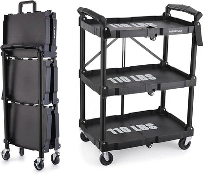 Portable Folding Service Cart - 3 Tier 330LBS Capacity - Rolling Utility Foldable Cart with Wheels for Warehouse Home Workshops Garages Restaurants Offices