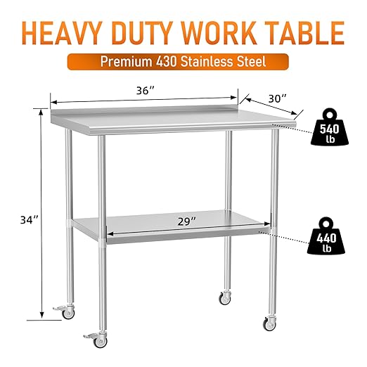 Stainless Steel Prep Table 30" X 36" with Adjustable Undershelf, Backsplash and Wheels, Commercial Metal Workstations for Kitchen, Garage, Home and Hotel