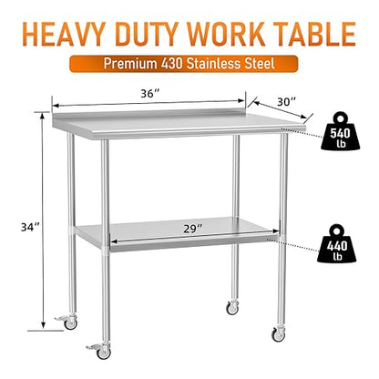 Stainless Steel Prep Table 30" X 36" with Adjustable Undershelf, Backsplash and Wheels, Commercial Metal Workstations for Kitchen, Garage, Home and Hotel