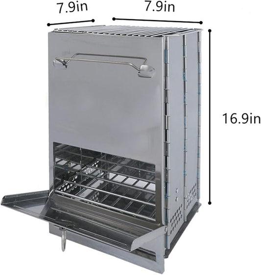 Stainless steel folding grill, portable square BBQ grill, integrated outdoor mini charcoal stove, wood stove, for backpacking and outdoor cooking (4 sizes) (7.9x7.9x16.9)