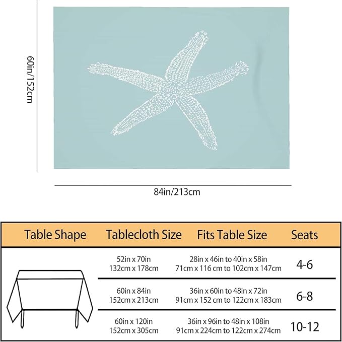 TKS MITLAN White Starfish Tablecloth 60x84 Inch Rectangular Ocean Wildlife Sketch Granular Tube Feet Tentacle Sea Cyan Oblong Table Cloth Kitchen Table Decorations for Home Dinner Party