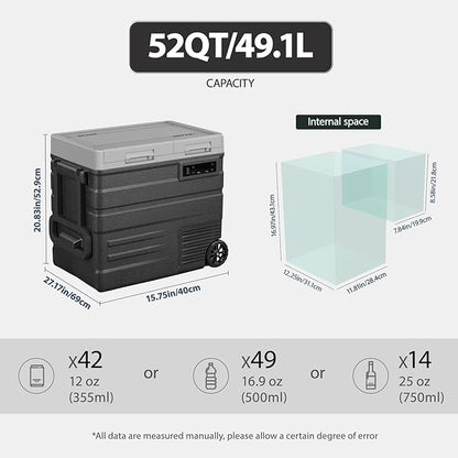 UD55 12V Car Refrigerator,Dual Zone Car Fridge with Wheels,52QT(49.1L) Electric Cooler Portable Freezer,12 Volt Refrigerator -4℉~68℉,12/24V DC 100-240V AC for Camping, Travel, Truck, RV