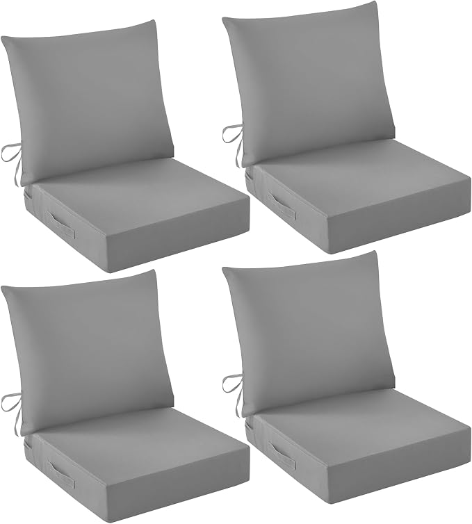Outdoor Chair Cushions, 24 x 24 Inch Outdoor Cushion for Patio Furniture, Patio Chair Cushion, Waterproof & Fade Resistant Deep Patio Furniture Cushions Set with Handle and Ties, Grey (Set of 4)