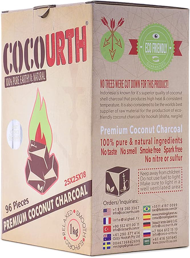Natural Hookah Coconut Shell Charcoal Flat 25x25x18mm 96 PCS Electric Burner Briquettes Used Also for Cooking, Grilling, Barbecuing, Incense Narguile Coal (1kg)