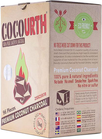 Natural Hookah Coconut Shell Charcoal Flat 25x25x18mm 96 PCS Electric Burner Briquettes Used Also for Cooking, Grilling, Barbecuing, Incense Narguile Coal (1kg)