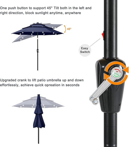 ABCCANOPY 3-Tiers 11FT Solar Patio Umbrella, Outdoor Umbrella with 32 LED Lights for for Deck, Pool, Garden, Backyard (Navy Blue)
