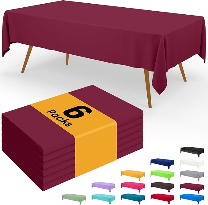 Smiry Disposable Table Cloth - 6 Pack, 54 x 108 Inch Waterproof Rectangle Tablecloths for Parties, Decorative Plastic Table Cover, Leakproof & Sturdy, Wine Red