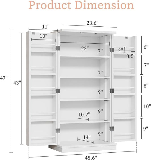 47in Kitchen Pantry Cabinet, Wood Kitchen Storage Pantry Cabinets Freestanding Pantries Cabinets with Doors & Adjustable Shelves, White