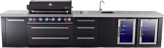 Mont Alpi Black Stainless Steel 157"W Modular Outdoor Kitchen Island + 2 Refrigerators + Faucet & Sink + 44"W 6-Burner BBQ Grill + Side Burner + Granite Countertops + Storage + Rotisserie + Full Cover