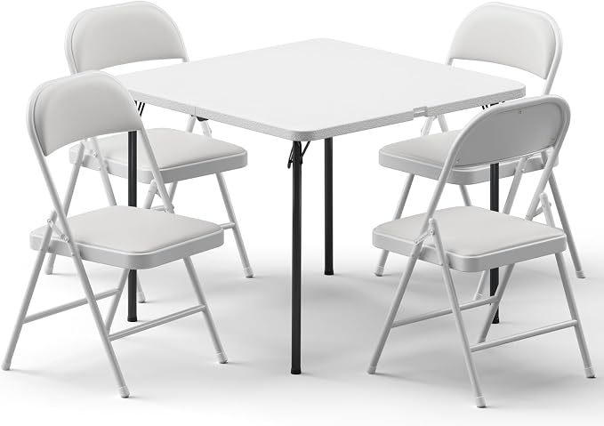 Folding Table and Chairs Set for 4, 36 Inch Foldable Card Table with Carrying Handle & 4 PU Leather Padded Folding Chairs, Portable Indoor Outdoor Dining Table Set for Picnic, Camping, RV, Game Night