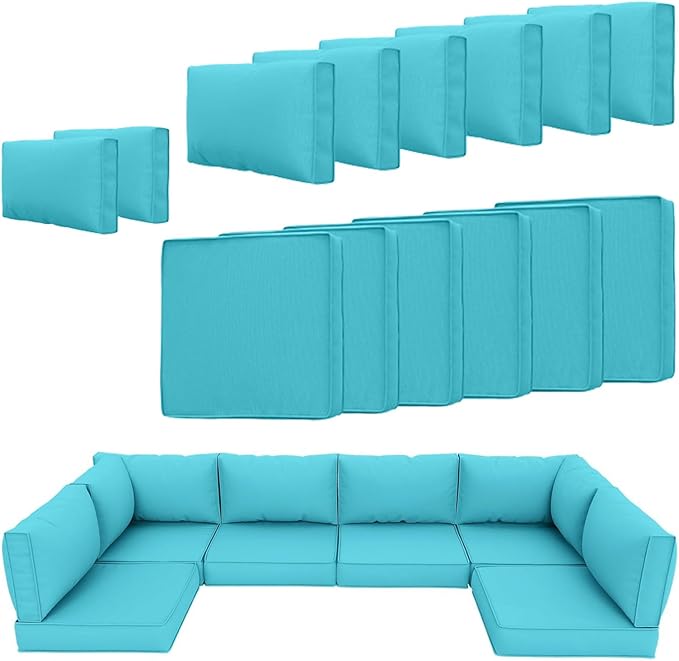 14 Piece Outdoor Patio Cushion Cover Replacement, Waterproof Patio Cushion Covers, Outdoor Furniture Cushion Covers Set for 6 Seat Wicker Rattan Sofa (Blue)