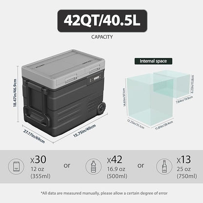 UD45 12V Car Refrigerator,Dual Zone Car Fridge with Wheels,42QT(40.5L) Electric Cooler Portable Freezer,12 Volt Refrigerator -4℉~68℉,12/24V DC 100-240V AC for Camping, Travel, Truck, RV