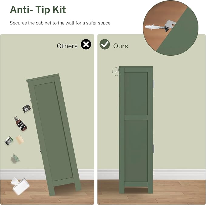 Bathroom Floor Storage Cabinet with Adjustable Shelf, Freestanding Storage Cabinet with 4 Doors, Cupboard for Living Room, Home Office, Entryway, Forest Green