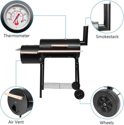 Karl home Charcoal Grill Offset Smoker, Charcoal Barbecue Grills with Spacious Cooking Area, Barrel BBQ Grill and Smokers Combo for Outdoor Balcony Picnics Party Camping
