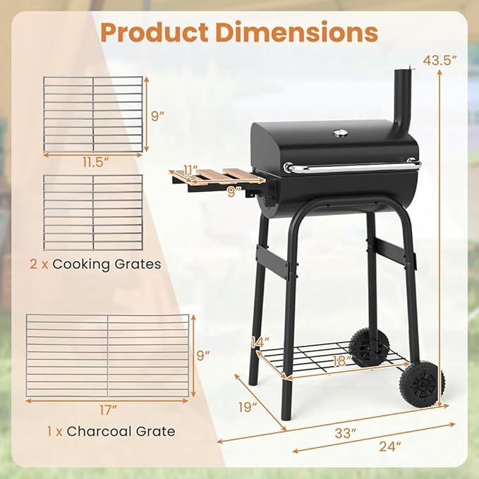 Gecheer Charcoal Grill, Barrel BBQ with Foldable Side Table, Thermostat, 24 Inch Portable Grill for Backyard, Patio, Camping and Tailgate Parties