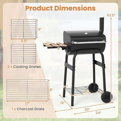 Gecheer Charcoal Grill, Barrel BBQ with Foldable Side Table, Thermostat, 24 Inch Portable Grill for Backyard, Patio, Camping and Tailgate Parties