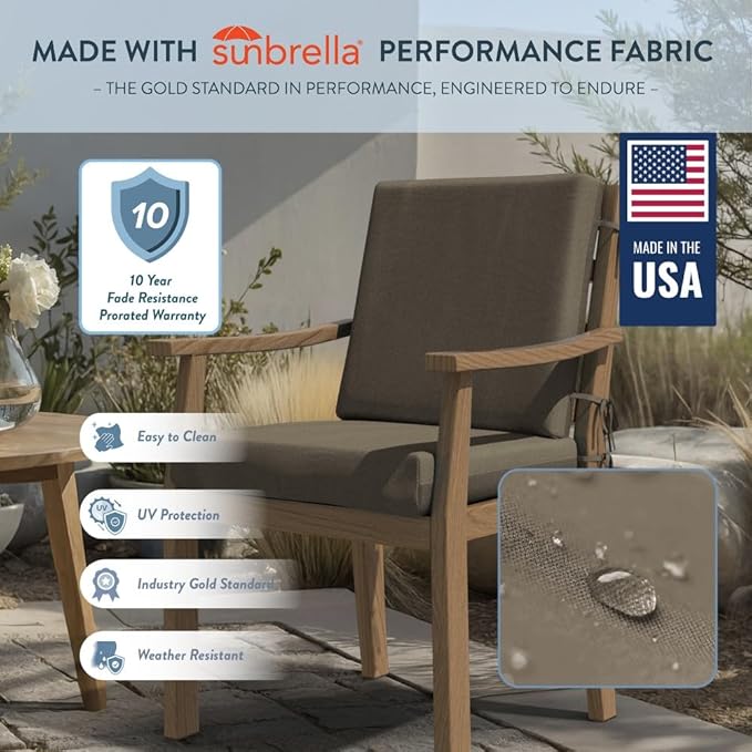 California Umbrella Outdoor Dining Chair, Set of 4 Patio Seat Cushions, 20 x 40 Inch, Premium Outdoor Memory Foam, Fade Resistant, Sunbrella Fabric, Fabric Ties, Taupe