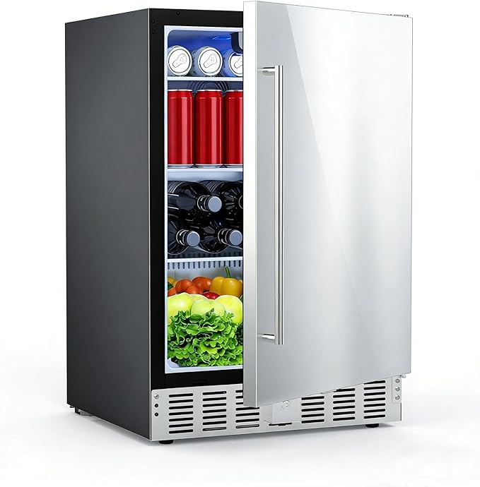 Electactic 24.4 Inch Beverage Refrigerator, Under Counter Freestanding Beverage Cooler 180 Can, Outdoor Fridge with Stainless Steel Door, Outdoor Refrigerator for Patio, Home, Kitchen, Bar (Silver)