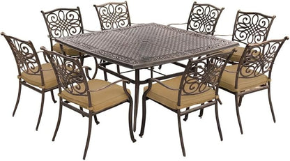 Hanover Traditions 9-Piece Patio Dining Set with 60" Square Cast-Top Dining Table and 8 Chairs with Tan Cushions, Modern All Weather Outdoor Dining Set with Rust-Resistant Aluminum Frames for Backyard