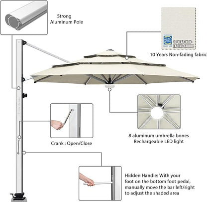 EliteShade USA APOLLO 3-Tier 11FT Full Aluminum Cantilever Patio Umbrella for Outdoor restaurant Garden Courtyard Deck Pool and Marketing with Light,Natural