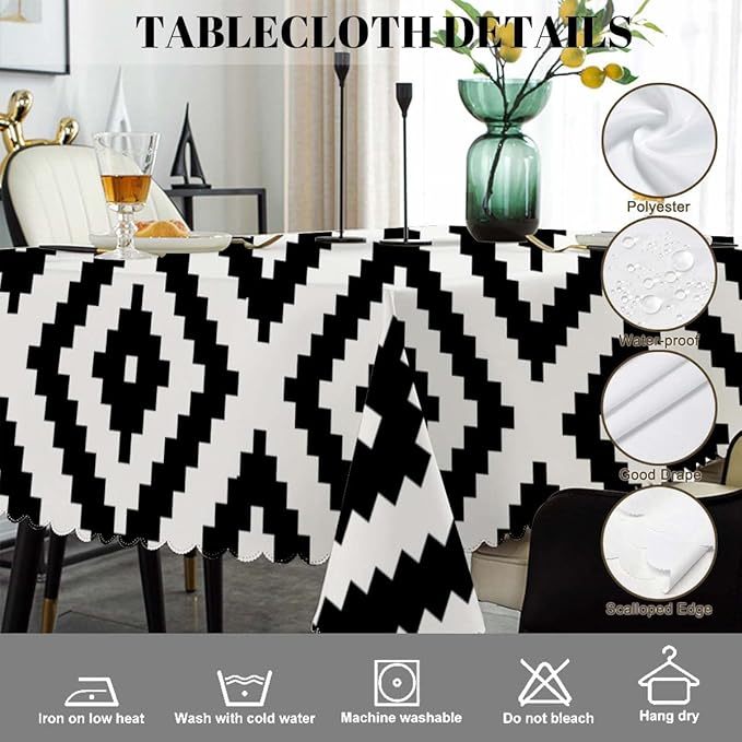 Swono Rhombus Tablecloth Ethnic Diamond White Black Table Cloth Geometric Rhombus Decorative Table Cover for Kitchen, Party Banquet and Holiday Tablecloth, 52x70 Inch(4-6 Seats)