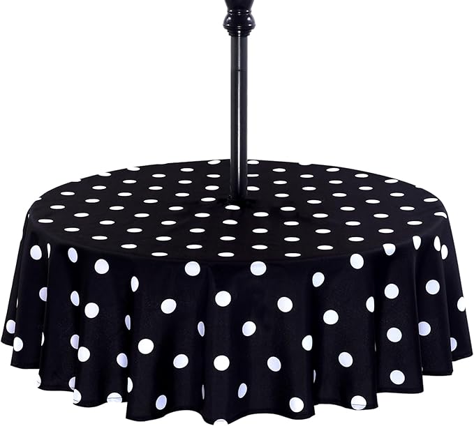 Poise3EHome Round Outdoor Tablecloth with Umbrella Hole and Zipper,Black Dot 60 Inch,Polyester SpillProof Washable Table Cloth for Spring Summer Patio Garden Poolside Picnic Camping BBQS