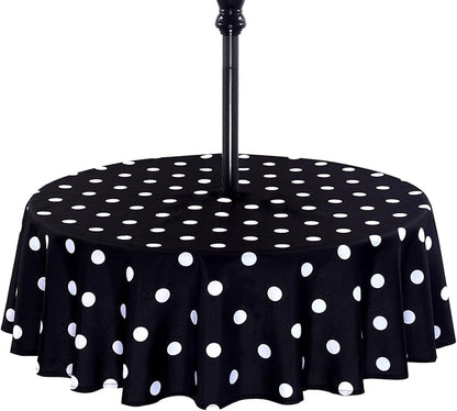 Poise3EHome Round Outdoor Tablecloth with Umbrella Hole and Zipper,Black Dot 60 Inch,Polyester SpillProof Washable Table Cloth for Spring Summer Patio Garden Poolside Picnic Camping BBQS
