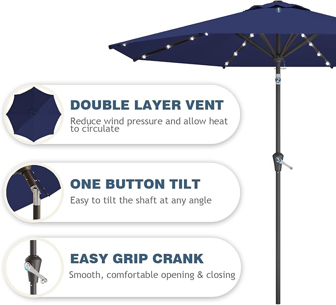 9FT Patio Umbrella with Solar Lights,Outdoor Market Umbrella with Tilt and Crank, LED Lighted Table Umbrella for Garden,Deck,Backyard,Pool,Beach (Navy)