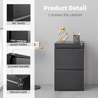 Approgreent 2 Drawer File Cabinets for Home Office, Vertical File Cabinet with Lock, Office Cabinet for A4/Letter/Legal Size, Under Desk Filing Cabinet, Assembly Required(Black)