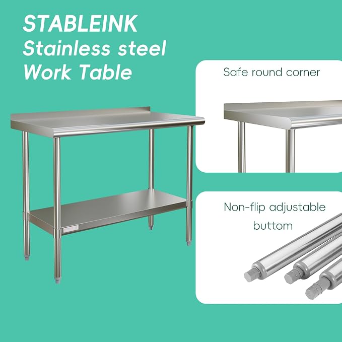 STABLEINK Stainless Steel Table with Backsplash 30x24 Inches for Prep | NSF Certified Metal Work Table Workbench with Undershelf for Commercial Kitchen Restaurant Hotel Laundry Garage Chef