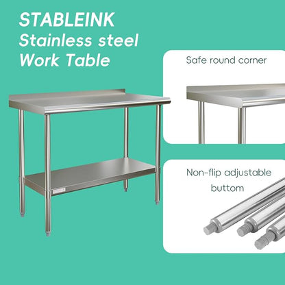 STABLEINK Stainless Steel Table with Backsplash 30x24 Inches for Prep | NSF Certified Metal Work Table Workbench with Undershelf for Commercial Kitchen Restaurant Hotel Laundry Garage Chef