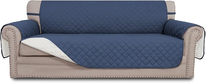 Easy-Going Reversible Couch Cover, 3 Cushion Sofa, Large, Dark Blue/Ivory | Machine Washable Slipcover For Dogs, Water Resistant Furniture Mat For Living Room, Non-Slip Sofa Cover, Pet Friendly