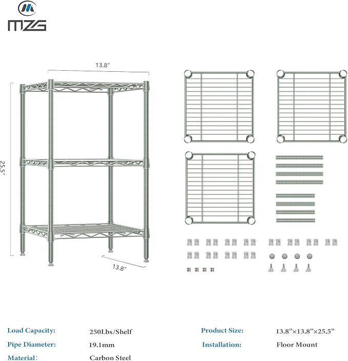 M MZG 750 lbs 3-Shelf Storage Shelves Wire Shelving Unit Standing Metal Rack for Small Places Narrow Wire Rack for Bathroom, Green 13.8 D x 13.8" W x 25.5" H
