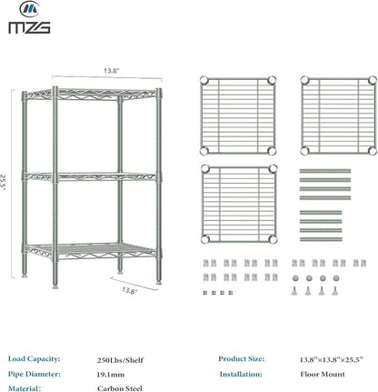 M MZG 750 lbs 3-Shelf Storage Shelves Wire Shelving Unit Standing Metal Rack for Small Places Narrow Wire Rack for Bathroom, Green 13.8 D x 13.8" W x 25.5" H