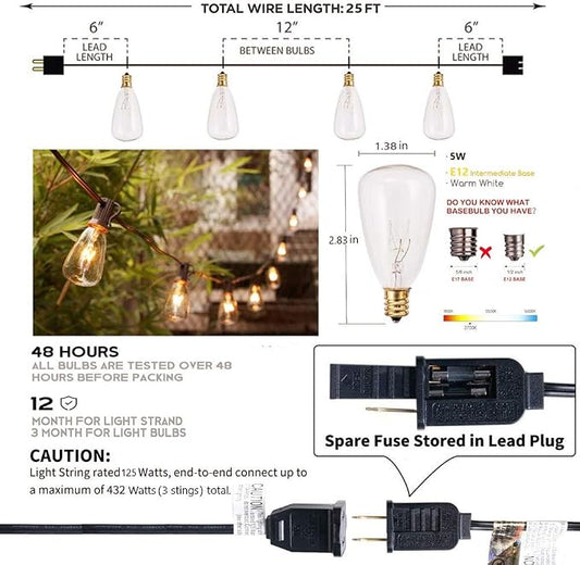 SUNSGNE 25Ft Outdoor String Lights with 27 Edison Bulbs (2 Spare), Waterproof Connectable ST35 String Light for Backyard Porch Balcony Party Decoration, E12 Socket Base, Black Wire