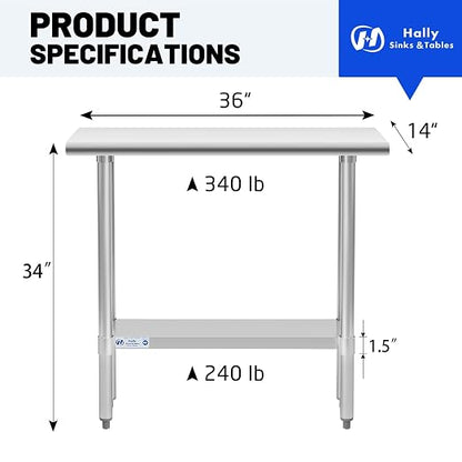 Hally Stainless Steel Table for Prep & Work 14 x 36 Inches NSF Commercial | Metal Heavy Duty Workbench, Adjustment Undershelf, for Kitchen, Restaurant, Home, Hotel, Garage, Pizza Oven, Galvanized Legs