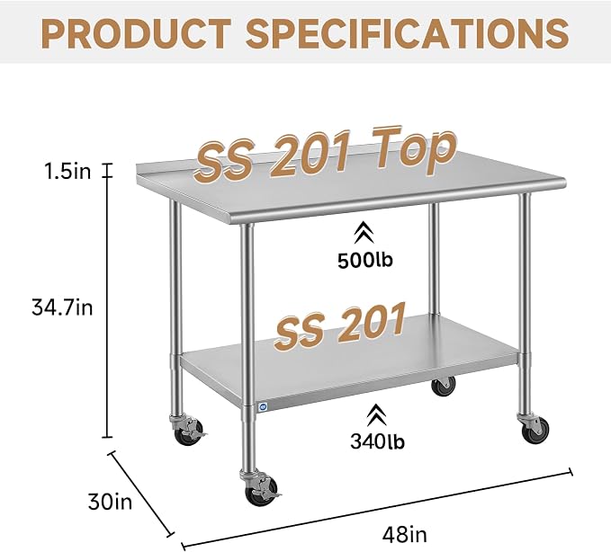 ROCKPOINT All Stainless Steel Prep Table with Caster 30x48 Inch, Commercial Heavy Duty Workbench with Stainless Legs & Adjustable Undershelf, 840 lb Capacity for Outdoor Kitchens with Wheel
