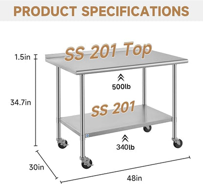 ROCKPOINT All Stainless Steel Prep Table with Caster 30x48 Inch, Commercial Heavy Duty Workbench with Stainless Legs & Adjustable Undershelf, 840 lb Capacity for Outdoor Kitchens with Wheel