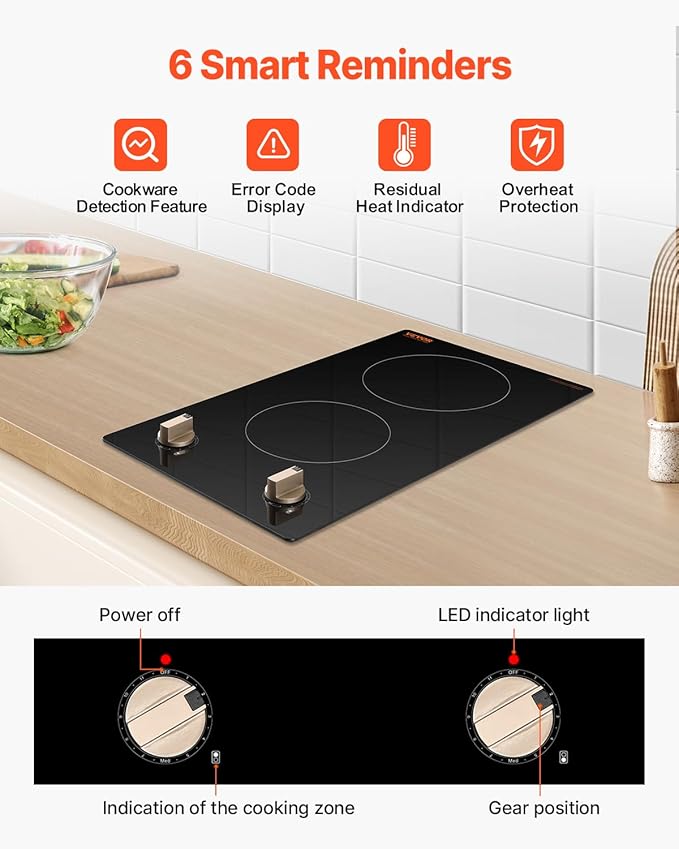 VEVOR Induction Cooktop, 1800W Electric Countertop Burner, 2 Burner Knob Control Stove, Built-in Induction Cooktop with 12 Temperature Settings, Glass Surface, Auto Shut-Off