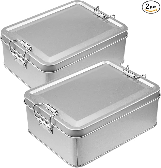 2 Pack Silver Tin Box Containers Metal Storage Box with Lids Rectangular Containers with Buckle Latch for Home Storage Outdoor Usage(5.71"×4.33"×2.17")