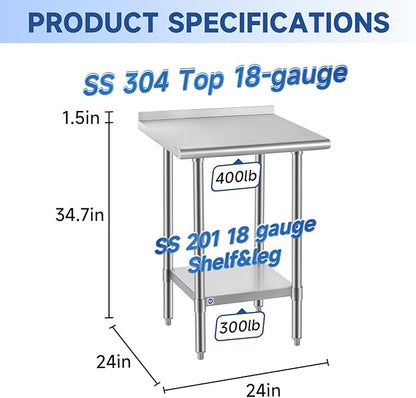 ROCKPOINT SS304 Top All Stainless Steel Table for Prep & Work with Backsplash 24x24 Inches, NSF Commercial Kitchen Heavy Duty Table with Adjustable Undershelf for Restaurant,Kitchen, Home and Hotel