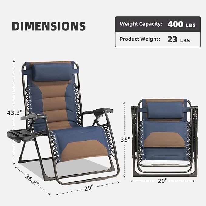 Zero Gravity Chair Set of 2 Oversized Padded Recliner with Adjustable Headrest & Cup Holder - 600D Oxford Folding Lounge Chair for Outdoor Camping, Patio, Poolside (Brown & Blue)